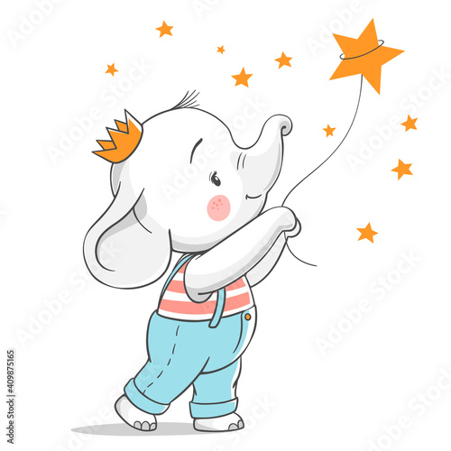 Vector illustration of a cute baby elephant catching a star.