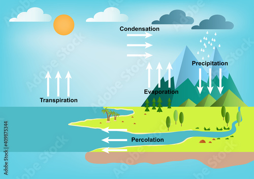 The change in the state of water between liquid, solid and gas in the water cycle.vector ESP10