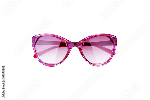 Purple sunglasses white background isolated closeup top view, fashionable female pink sunglass, women's trendy stylish red eyeglasses, ultraviolet protection sun glass, summer beach holidays accessory