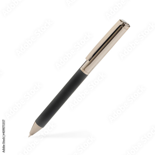 Closeup metal ballpoint pen isolated on white background with clipping path