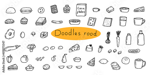 Doodle set food, breakfast, drinks, sweets, cheese, vegetables, fruit, vector illustration, hand drawing