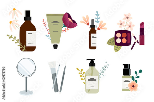 Set of packaging and accessories for natural beauty products, cosmetics, makeup. Vector illustrations for graphic and web design, marketing material, product presentation, social media.