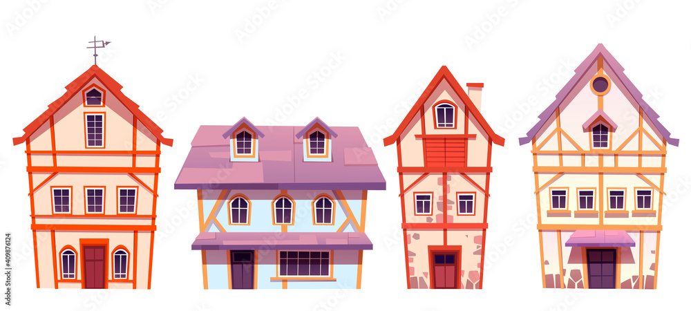Old half-timbered houses in german village. Traditional medieval european buildings. Vector cartoon set of fachwerk cottages with facade from stone and timber isolated on white background