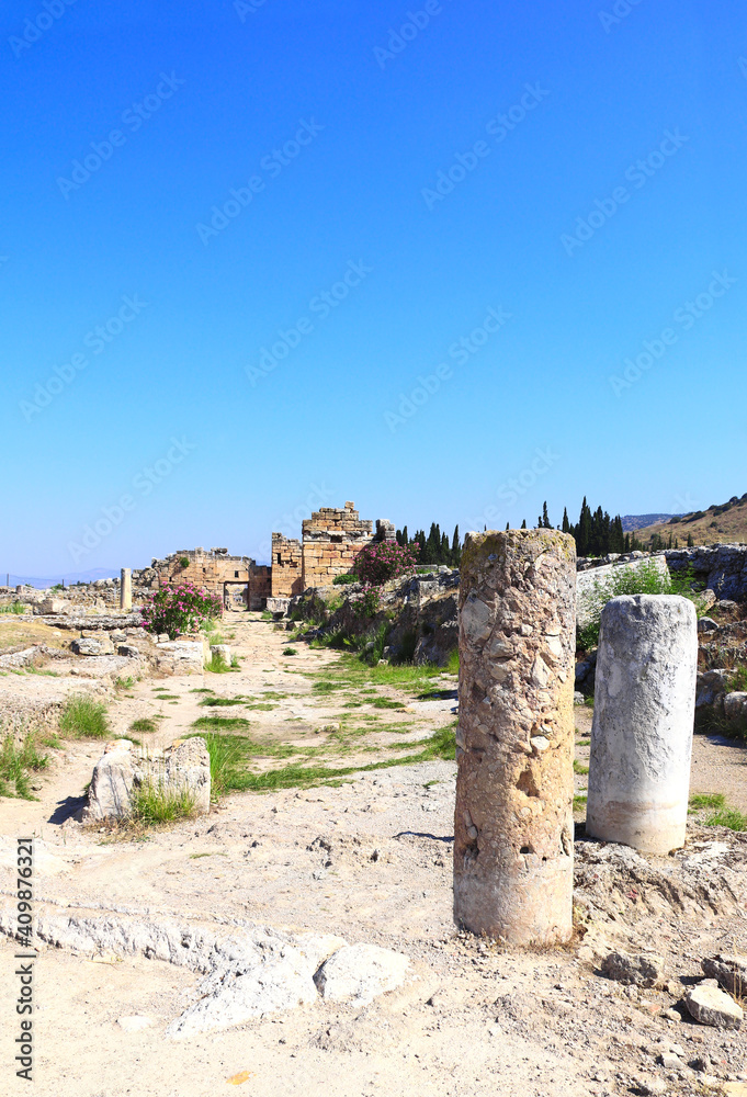 Ruins of temple on Frontinus street, Hierapolis, Pamukkale, Turkey