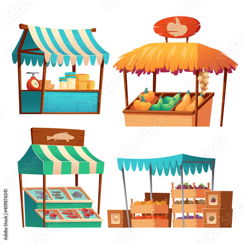 Food market stalls with vegetables, cheese and fish on counter and in crates. Vector cartoon set of grocery wooden kiosks with farm produce, traditional marketplace tents isolated on white background