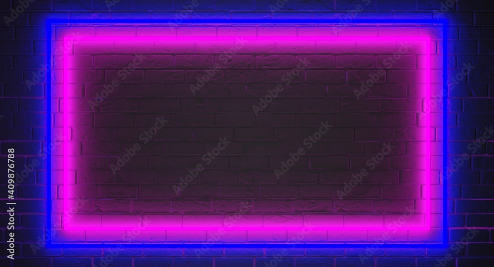 Neon rectangle frame on a brick wall. Template neon sign. Pink and blue colors of lights tubes. Dark brick wall background. 3d illustration. Neon rectangle frame on a brick wall. Template neon sign. Pink and blue colors of lights tubes. Dark brick wall background. 3d illustration.