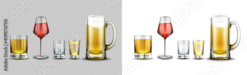 Glasses with alcohol drinks, beer with foam in mug, red wine, vodka, cognac and whiskey in shots. Vector realistic set of clear glassware with beverages isolated on white and transparent backgrounds photo
