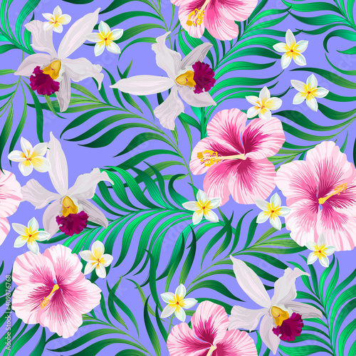 Tropical vector seamless background. Jungle pattern with exotic flowers and palm leaves. Stock vector. Summer vector vintage wallpaper.