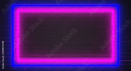 Neon rectangle frame on a brick wall. Template neon sign. Pink and blue colors of lights tubes. Dark brick wall background. 3d illustration.