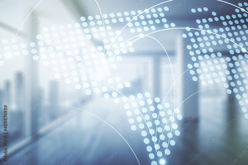 Abstract virtual world map with connections on empty corporate office background, international trading concept. Multiexposure Abstract virtual world map with connections on empty corporate office background, international trading concept. Multiexposure