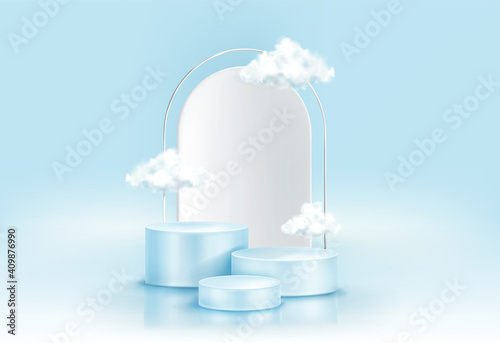 Podium with clouds, abstract background with geometric figures, empty cylindrical stage for award ceremony, product presentation platform, pedestal on blue sky backdrop, Realistic 3d vector concept