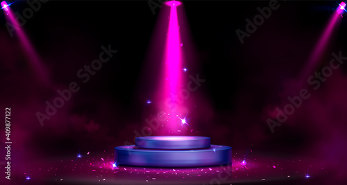 Round podium with spotlight illumination, smoke and sparks. Empty stage for award ceremony, product presentation, fashion show performance pedestal with pink beams, Realistic 3d vector illustration