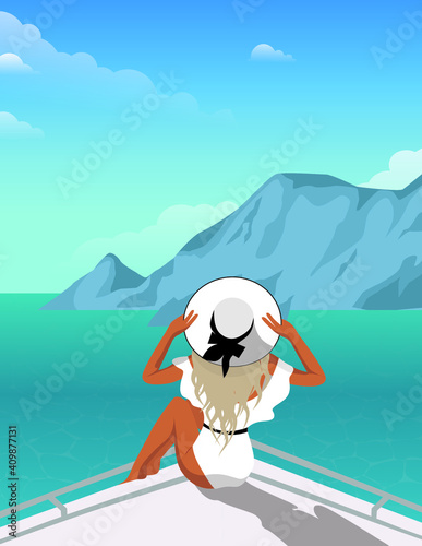 Digital illustration a girl in a white swimsuit and a hat travels on a liner on a cruise on vacation admires the landscape of the sea and mountains