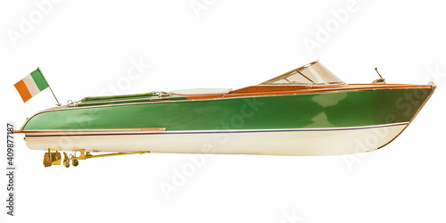 Side view of a two tone vintage Italian speedboat isolated on white photo