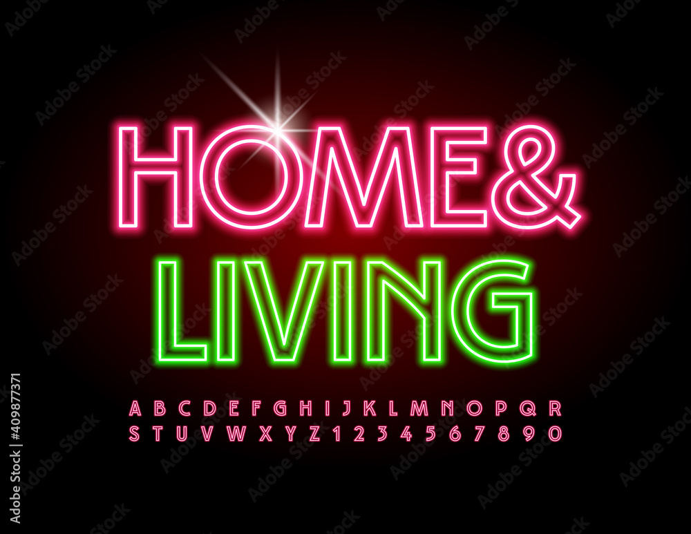 Fototapeta premium Vector glowing banner Home and Living. Pink Illuminated Font Neon Alphabet Letters and Numbers set