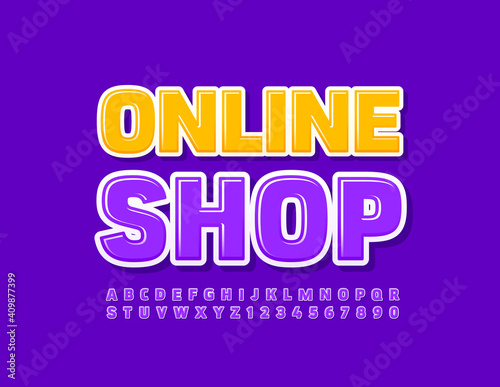 Vector colorful banner Online Shop. Bright Violet Font. Stylish Alphabet Letters and Numbers
