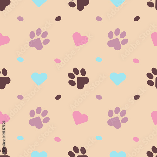 Paws of a cat, dog, puppy. Seamless pink animal footprint pattern for bedding, fabrics, backgrounds, websites, postcards, baby prints, wrapping paper. 