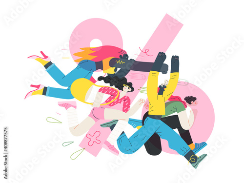 Discounts  sale  promotion - modern flat vector concept illustration of people crowd running in the pursuit of the discounts  with a big percent sign on the background