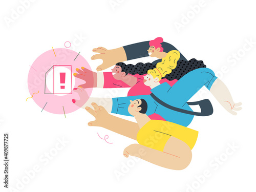 Discounts, sale, promotion - modern flat vector concept illustration of people crowd raising their hands trying to get a limited offer product with an exclamation sign, in the pursuit of sale