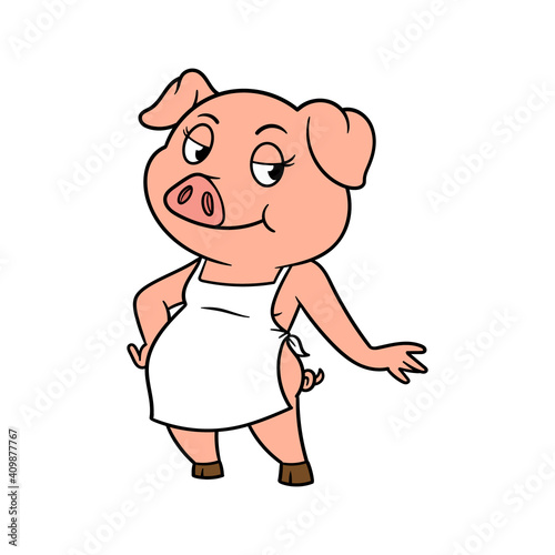 Cartoon Female Pig Wearing Apron Character Illustration