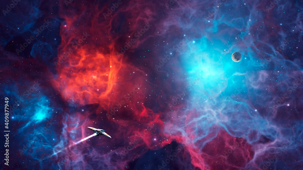 Space background. Spaceship fly through colorful nebula to planet. Elements furnished by NASA. 3D rendering