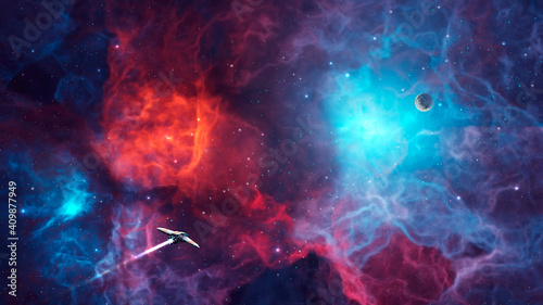 Space background. Spaceship fly through colorful nebula to planet. Elements furnished by NASA. 3D rendering