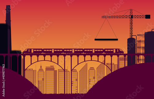 silhouette construction site and train with bridge on orange gradient background