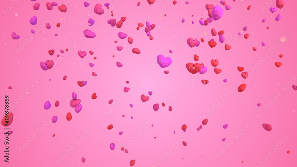 3D low poly geometric heart falling from sky on pink background, Valentines day concept, elegant love greeting card backdrop