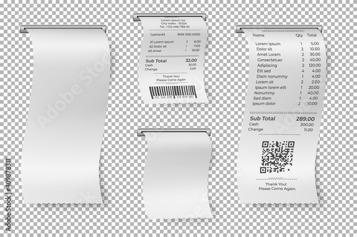 Printed sale receipt. Restaurant bill, isolated atm paper check. Blank cashier receipts mockup, shop or supermarket invoice vector template. Paper invoice, check recipe balance illustration