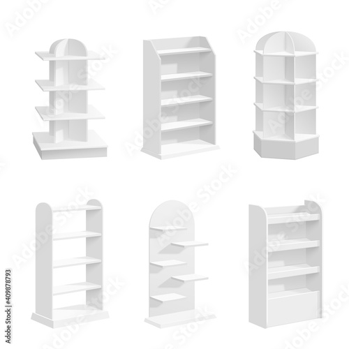 White racks. Empty shop displays, supermarket modern 3d equipment. Realistic bookstore shelf, isolated recent trade retail stand vector set. Empty shelf market, supermarket equipment illustration