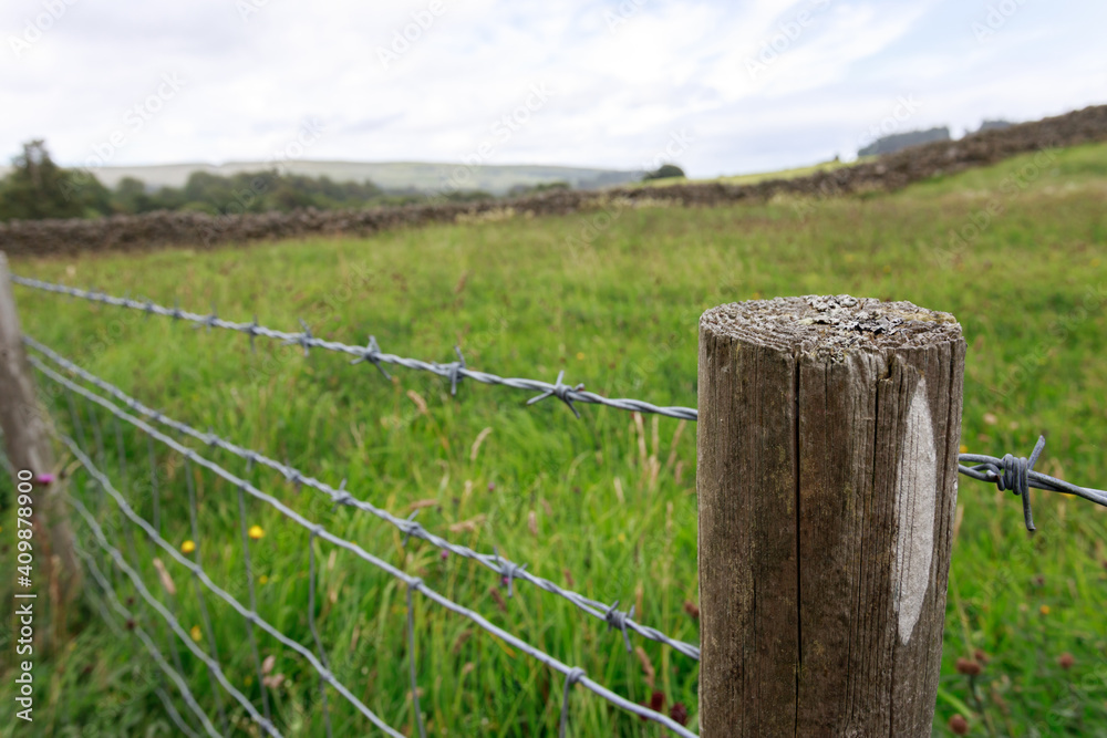 Fencing with barbed wire on the Pennine Way. Farmland in Bowlees Tees Valley, County Durham