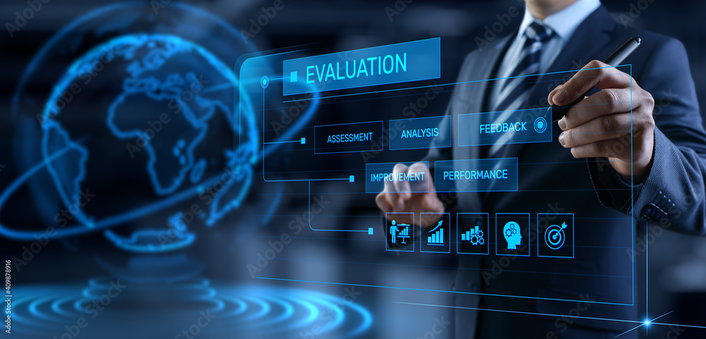 Evaluation Assessment Customer service feedback. Businessman pressing button on screen. Evaluation Assessment Customer service feedback. Businessman pressing button on screen.