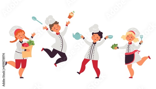 Children preparing food. Kid cook, little chefs bakers with cake and cutlery. Happy isolated boy girl in aprons decent vector illustration. Child baker cooking, chef with food