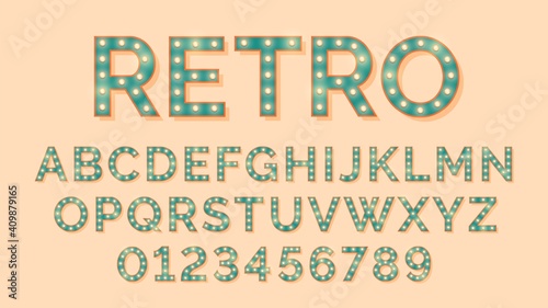 Light bulb letters. Retro text, lightbulb alphabet numbers. Vintage font lamps, typography glow typeface for cinema headline circus show vector signs. Retro lightbulb text abc bulb lamp illustration