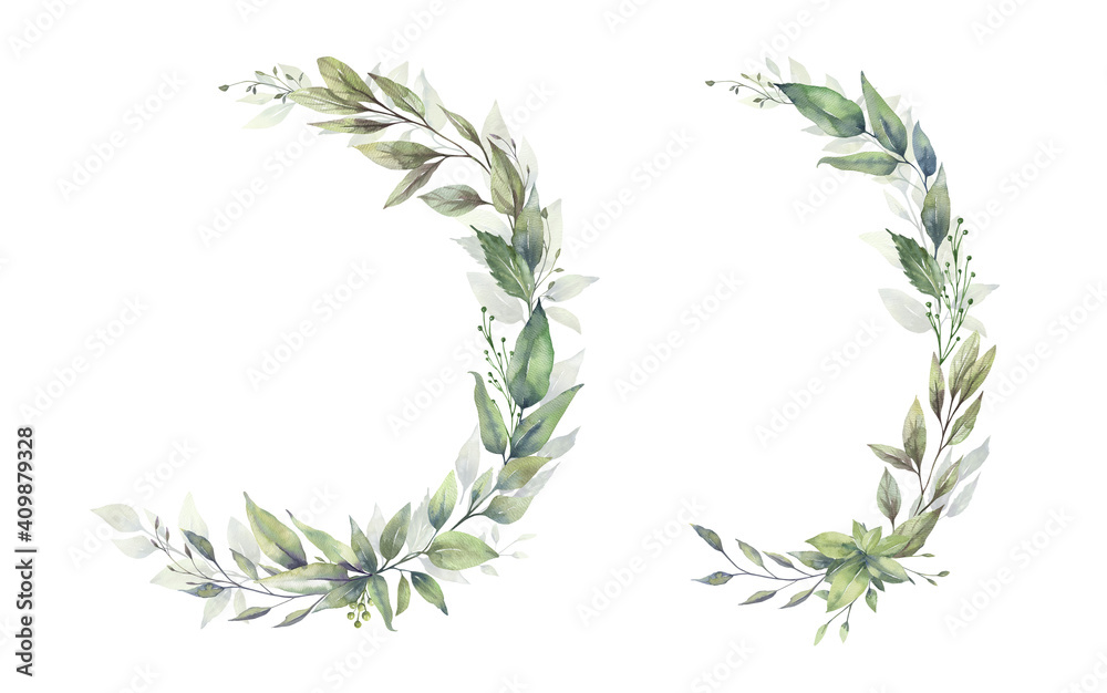 Watercolor floral illustration set - green leaf Frame collection, for ...