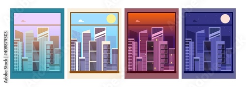 View from window. Night day city, building silhouettes in dusk outside. Time on street, morning afternoon evening downtown utter vector set. Skyline view city horizon, twilight and day illustration