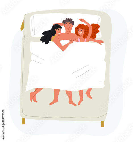 Εκτύπωση καμβά Romantic couple in bed, two women and one man, trio in love, love in bed
