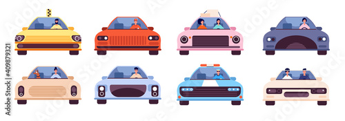 People driving car. Journey style, young character travel with pet. Taxi driver, auto front side with passengers. Utter transport vector set. Illustration car driver, transport auto