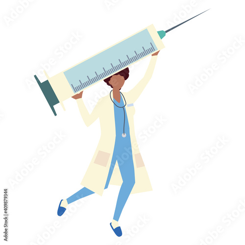 young female doctor with huge syringe medical vaccine