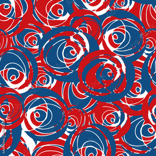 Abstract paint dab circle vector seamless pattern background. Backdrop with red, blue, white painterly circular brush swirls. Bold overlapping texture design. All over print for summer beach concept