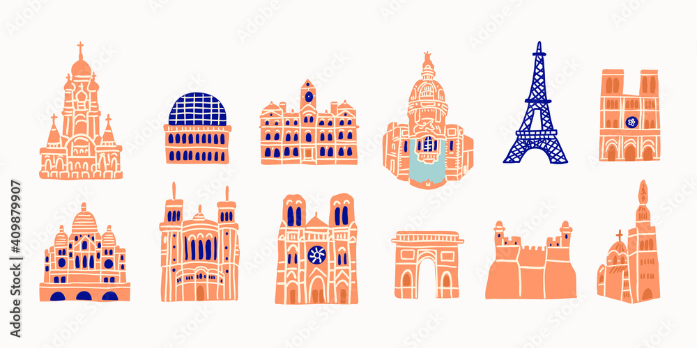 Vector illustration with European old buildings, monuments, cathedrals, towers, notre dame isolated on white background. Paris architecture landmarks isolated.