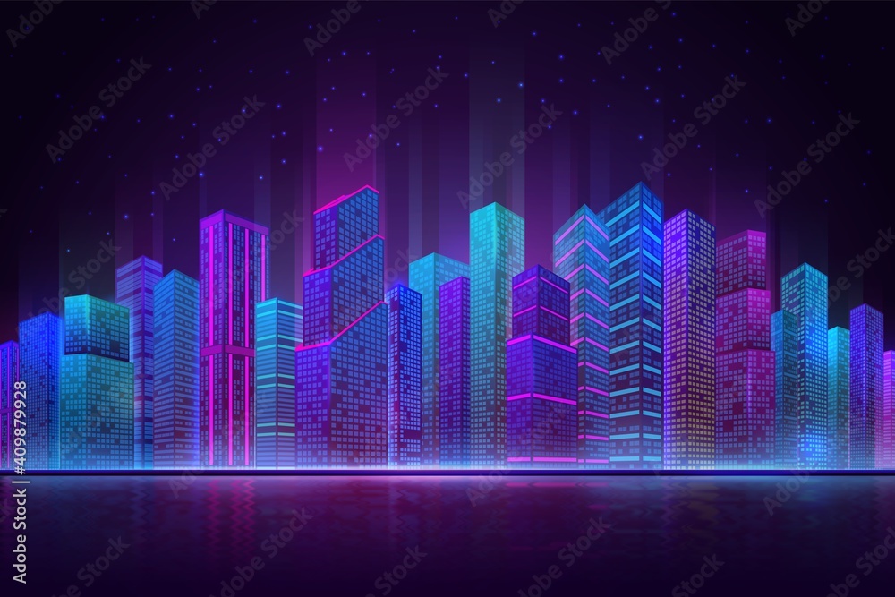 Night city panorama. Colorful landscape, retro neon futuristic cityscape. Beach downtown buildings, abstract urban recent vector background. Office building, beautiful view cityscape illustration