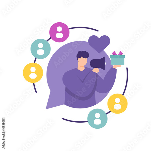 a concept of inviting friends, giveaway, promotion. illustration of a man using a megaphone to attract the attention of an audience or customer. referral program. flat style. vector design element