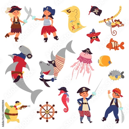 Pirates life. Sea wildlife, ocean plants cartoon shark fish. Children costumes, underwater world marine adventures decent vector characters. Illustration pirate kids, sea wildlife animal