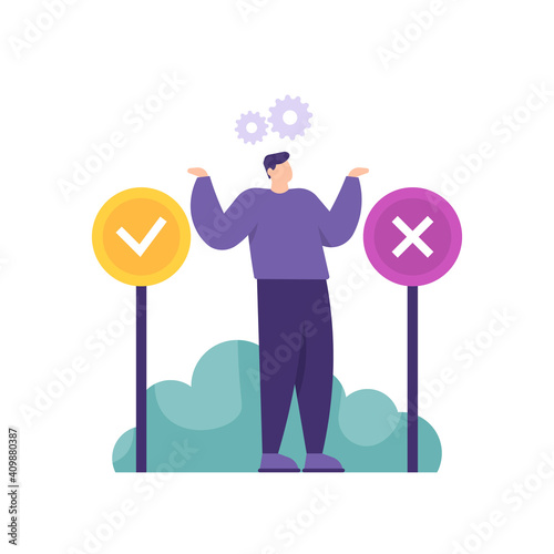 a concept of false or true, agree or disagree, the opinion of people. illustration of a man who is confused to select tick or cross. customer review. flat style. vector design elements
