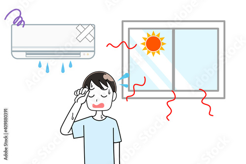 壊れたエアコンと男性