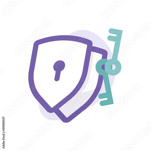a concept of dual protection or security icon, two authentication. illustration of a shield, key, and keyhole symbol. flat style. vector design element