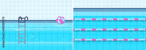 Water pool interior. Swimming pools, sporting swim lanes for kids and adults. Recreation or sport zones vector background. Competition exercise swimming surface illustration