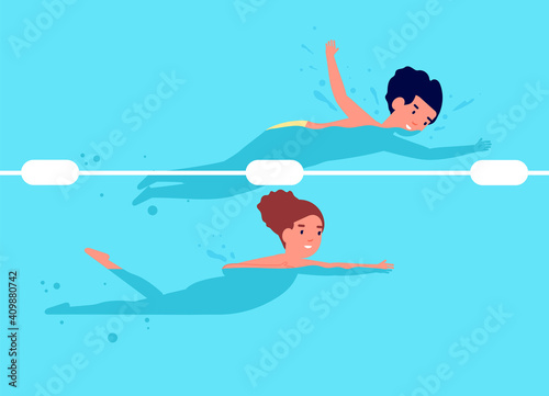 Swimming competition. Kids swim, cartoon happy child recreation. Boy girl in pool, sport or healthy water activity utter vector characters. Sport pool swimming, kids in water swim illustration