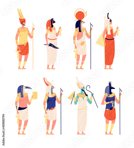 Egypt characters. Ancients egyptian god, old culture goddess. Osiris anubis statues, cartoon historical vector collection. Goddess ancient, anubis sacred and antique egyptian mythological illustration